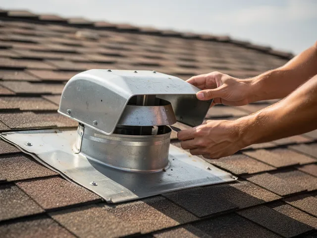 Lyndhurst Dryer Vent Cleaning certified technician safely cleaning a roof-mounted dryer vent in Lyndhurst